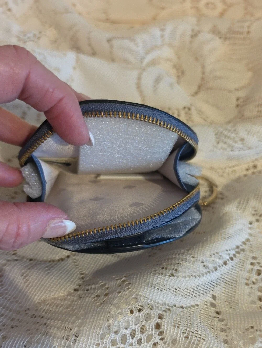 kate spade blue leather keyring coin pouch with gold logo